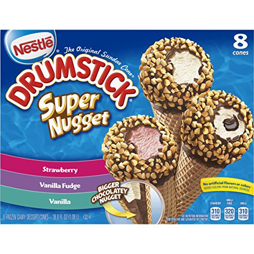 Drumstick, Super Nugget Strawberry/Vanilla Fudge/Vanilla Dairy Dessert Cones, 8 Count (Frozen)
