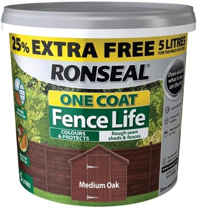 Ronseal One Coat Fence Life Medium Oak 4 Litre New 25% Extra