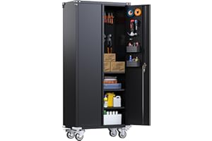 GangMei Black Metal Storage Cabinet with Wheels and Pegboard, 71'' Rolling Locking Garage Cabinet, 3 Adjustable Shelves, Utility Cabinet for Garage, Shop, Home, Assemble Required