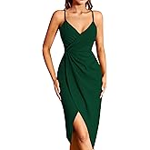 Missufe Women's Wrap V Neck Sleeveless Spaghetti Strap Ruched Bodycon Midi Slit Summer Party Cocktail Dress