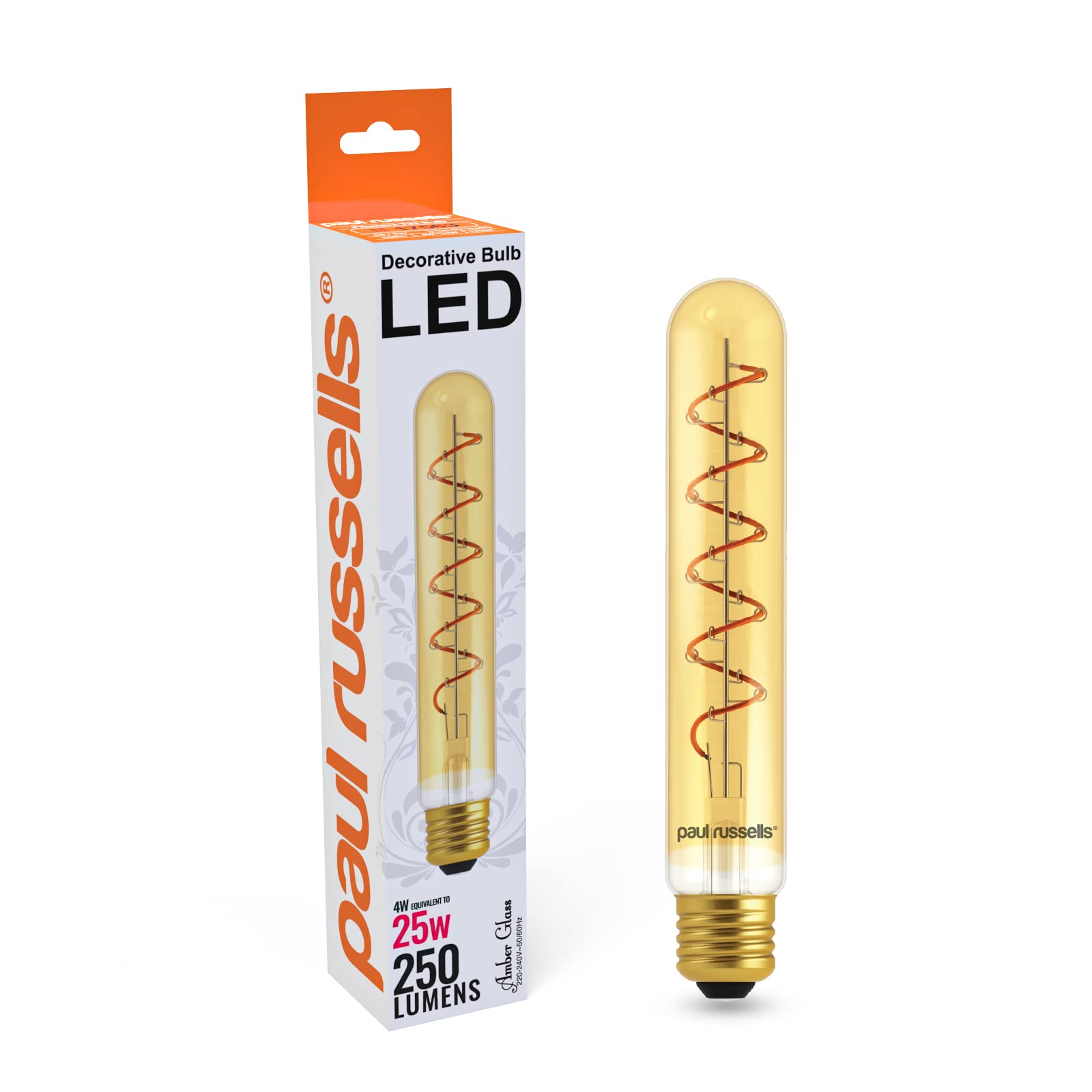 paul russells Flexible Spiral Filament T32 LED Edison Screw E27 Vintage Lights - Pack of 1 – 25W Equivalent, 4W 1800K ES Long Tube Decorative Retro Bulbs Non-Dimmable - Extra Warm White, Flicker Free