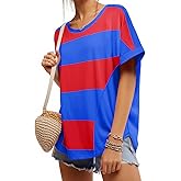 Tankaneo Womens Summer Tops Striped Oversized Short Sleeve Crew Neck Color Block Casual T Shirts Loose Basic Tee Blouses