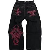 OATSBAS Y2K Beggy Jeans for Women Men Denim Pants Skull Embroidery Gothic Jeans Straight Wide Leg Trouser