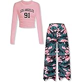 Yoxindax Girls Clothes Tween Girl Outfits Long Sleeve Ruched Top Botanical Print Relaxed Pocket Pants Set