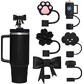 Black Straw Cover Cap for Stanley Cup, 6pcs Silicone Flower Straw Toppers Compatible with 20 30 40 Oz Tumbler with Handle, 0.4in/10mm Cute Dust Proof Reusable Straws Stopper Accessories