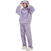 Yimoon Women's Fuzzy Pajamas Sets Hooded Bear Ear Fleece Loungewear Warm Soft Cozy Fluffy 2 Piece Outfits