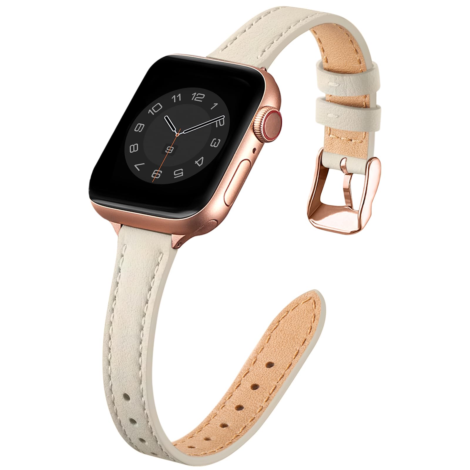 SUNFWR Compatible with Apple Watch Strap 42mm 44mm 45mm,Genuine Leather Strap Replacement,Slim&Thin Wristband for iwatch Series 7/6/5/4/3/2/1,SE(42mm 44mm 45mm,Lvory white&Rosegold)