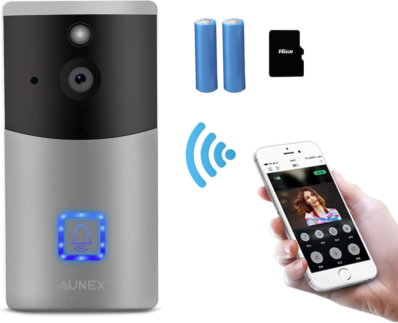 Video Doorbell AUNEX WIFI Doorbell Camera Wireless Doorbell 720P HD Home Security PIR Motion Detection Night Vision Real-Time Video TwoWay Audio Wideangle with Cloud Storage for IOS & Android-Silver