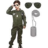 VZQI Flight Suit for Kids Costumes Air Force Pilot Halloween Cosplay for Boys with Sunglasses Green