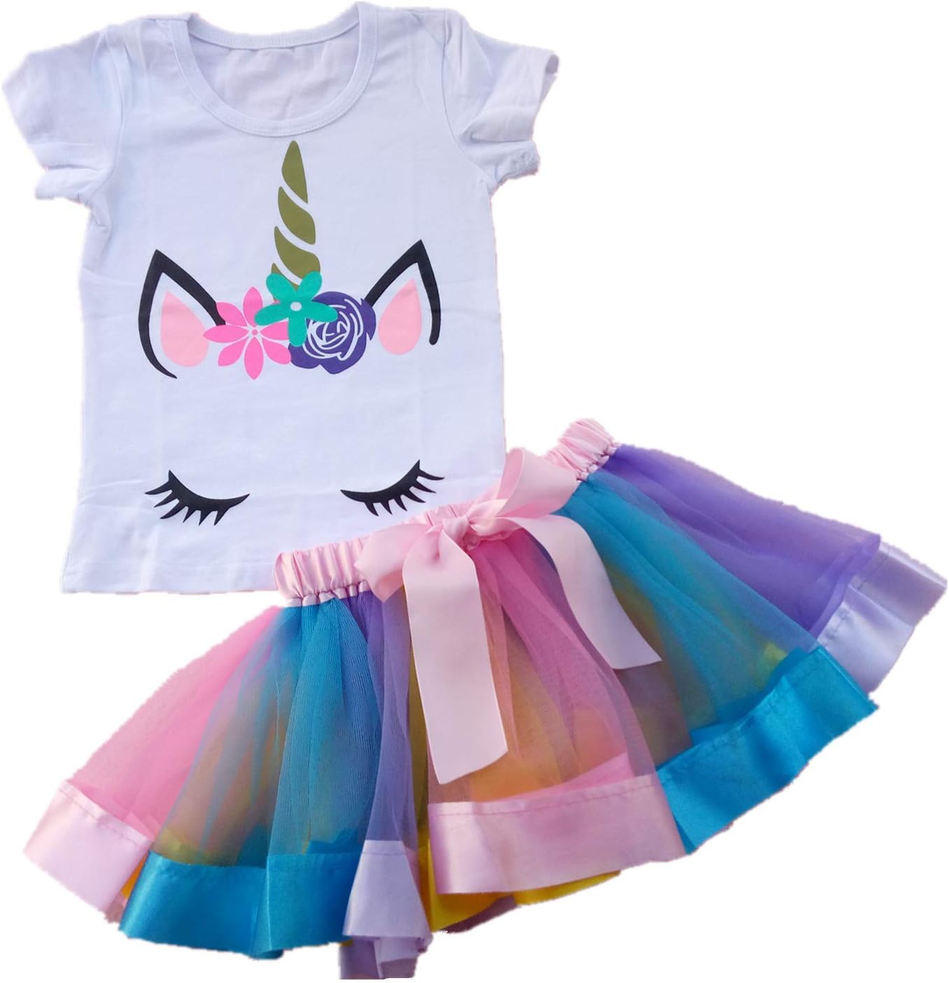AISHIONY Kid Girl 2nd Birthday Tutu Princess Dress Shirt Rainbow Skirt Outfit2-5