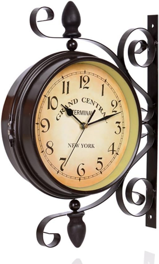 HTJYJH Creative Nostalgic Double Sided 360° Rotating Hanging Clock Modern Home Decor Retro Iron Mute Wall Clocks
