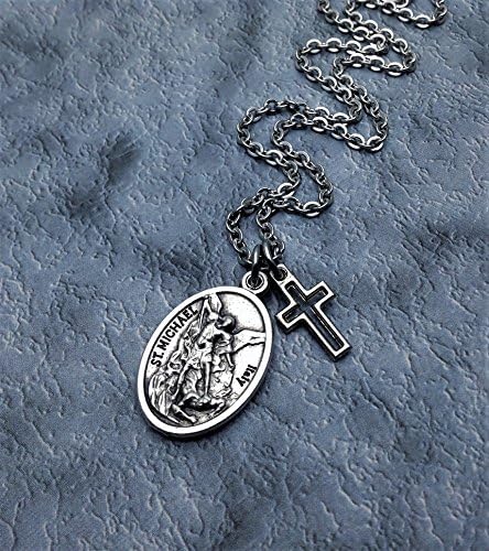 Silver Plated Saint Michael and Guardian Angel Necklace. Protection Necklace