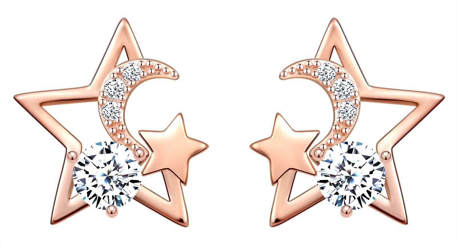 MicVivien 925 Sterling Silver Stars and Moon Stud Earrings Rose Gold Cubic Zirconia Stud Earrings for Women Girls
