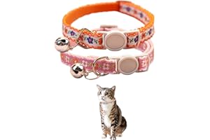 GOLDTIGER Cute Flower Embroidery Breakaway Kitten Collar with Bells,Cat Collars for Boy Cats and Girl Cats - Adjustable (6.7-12.2 inches) (Orange & Pink)