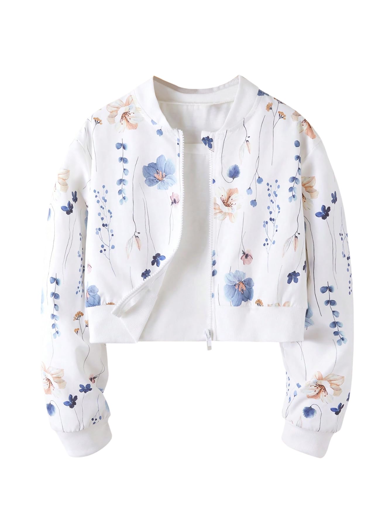 Photo 1 of Verdusa Girl's Bomber Jacket Boho Floral Print Jacket Zip Up Long Sleeve Collar Jackets White 11 Years