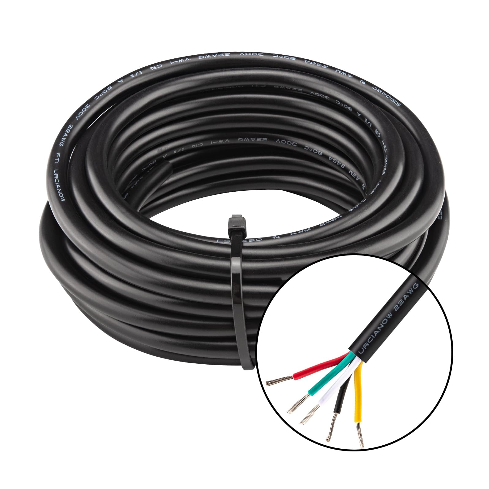 Urcianow 22 Gauge 5-Core 0.32mm Black PVC Tinned Copper Cable - 5 Meters UL2464 Low Voltage Extension Cord