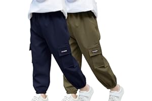 Boys Cargo Pants 2 Pack Casual Pants Elastic Waist School Pants Sports Running Joggers Comfy Pull On Trousers for Kid