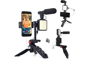 TIYYONTEK Vlogging Kit for iPhone,YouTube Starter Kit with Microphone LED Light Remote Control for Android Phones/Camera Vloger Video Recording Stand