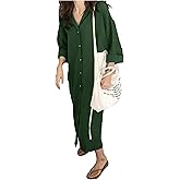 GGUHHU Womens Chic Button Down Rolled-Up Sleeve Long Cotton Blouse Maxi Dress (Small, Dark Green)
