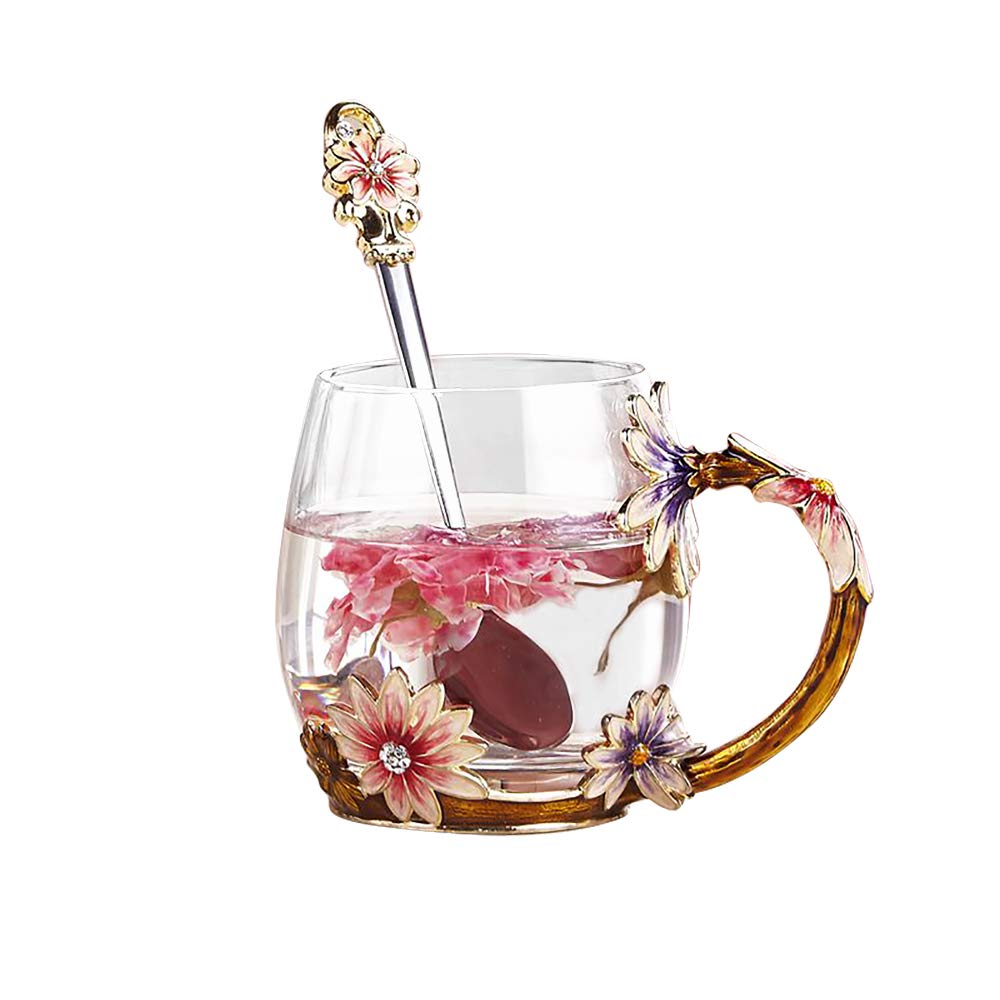 Flower Tea Cup, Handmade Glass Enamel Coffee Mugs with Spoon Enamel Glass Mug for Women Birthday Valentines Wedding