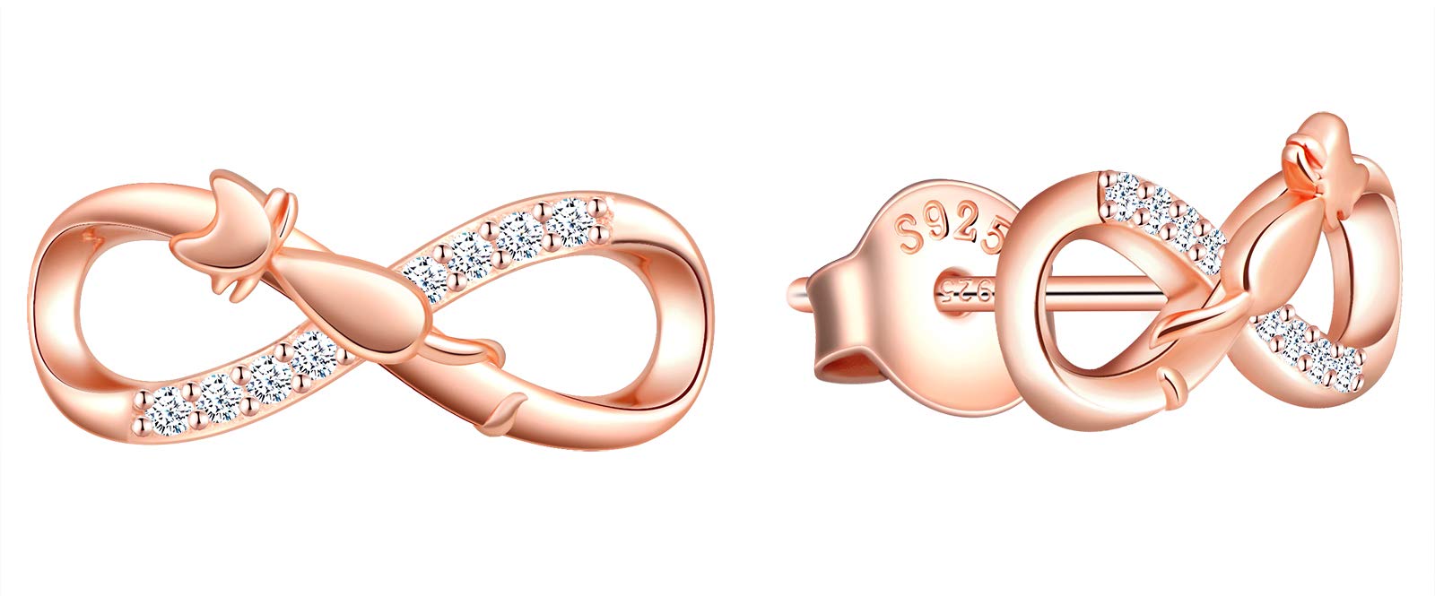 INFINIONLY Women's Earrings Studs, 925 sterling silver Jewellery Sets, Cute cat and infinity symbol earrings, rose gold, Inlaid zircon, Christmas and Birthday gift