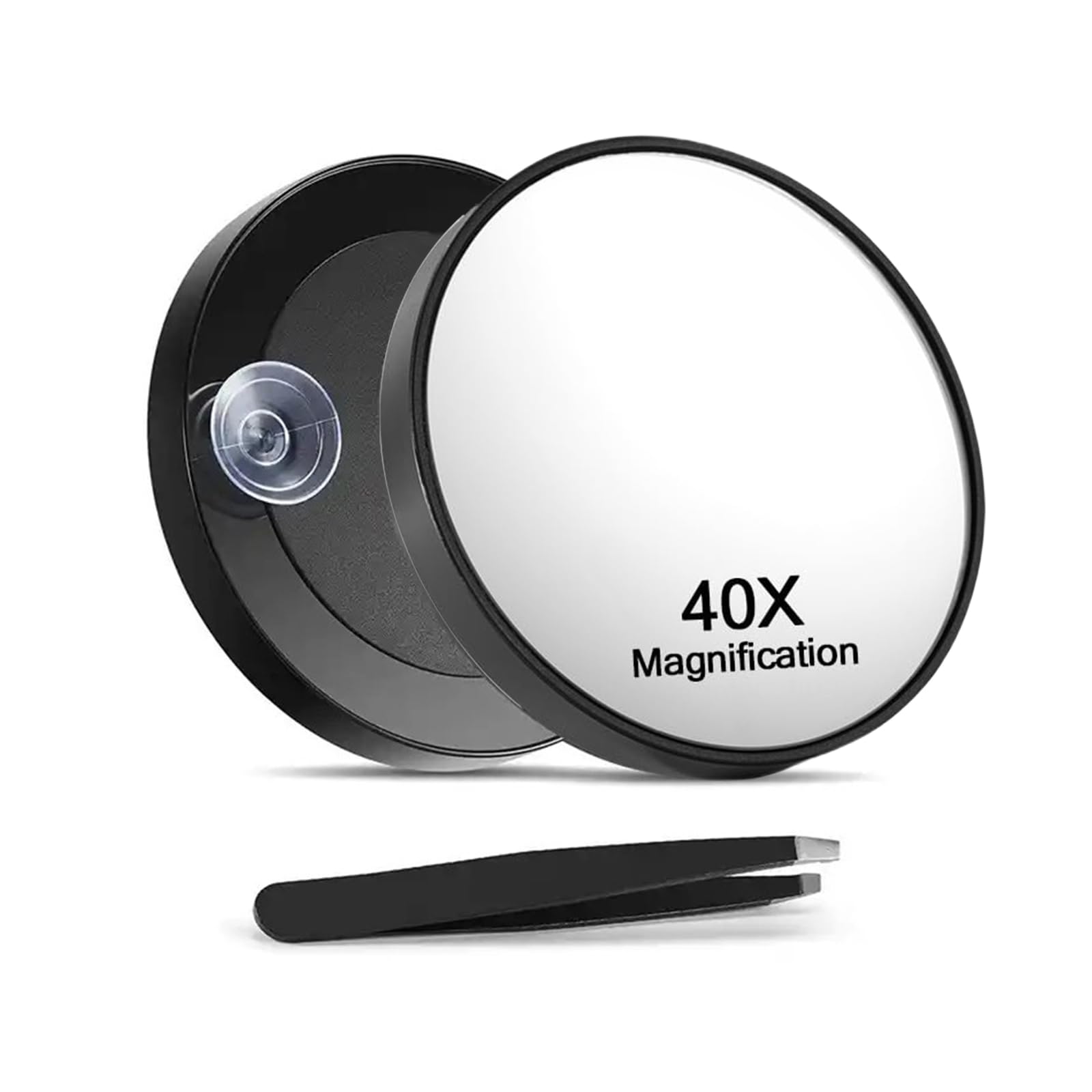 Cosmeria 40x Magnifying Mirror with Suction Cups and Tweezers Set, Cosmetic Mirror with Strong Magnification for Precise Makeup and Eyebrow Plucking 8.8 cm