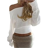 GORGLITTER Women's Off The Shoulder Crop Sweater Cinched Waist Tops Cozy Sweaters Asymmetrical Top Fall Outfits Loose Fit