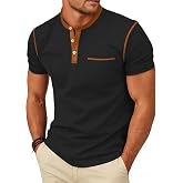 LINENNMAIN Men's Henley Shirt Casual Button Short Sleeve T-Shirt Summer Patchwork Color Block Tee Shirts