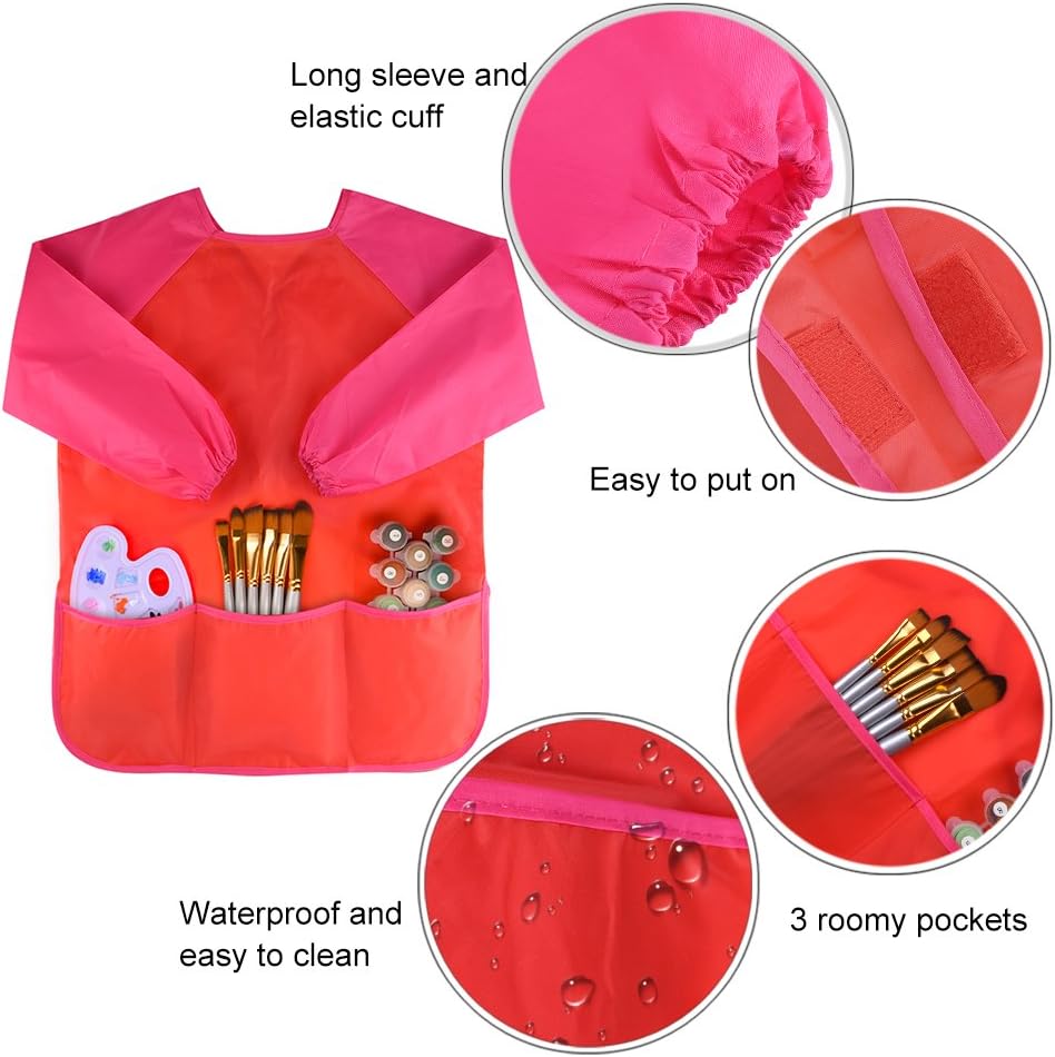 Kuuqa Childrens Kids Toddler Red Waterproof Play Apron Smock with 3 Roomy Pockets, Painting, Baking, Cooking, Smock - Image 4