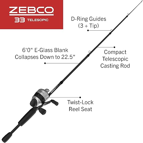 Zebco 33 Spincast Reel and Telescopic Fishing Rod Combo