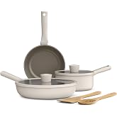 bella 7 Piece Cookware Set with EverGood&trade; Ceramic Nonstick Coating​, Dishwasher Safe Oven Safe, All Stovetops Compatible, Glass Lids with Silicone Rims, Cool Touch Handles, Oatmilk
