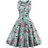 Wellwits Women's Tropical Leaf Flamingo Hepburn 1950s Vintage Swing Dress