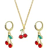 T-ztoss Red Crystal Cherry Necklace for Women Cherry Earring Cute Summer Cherry Fruit Earrings