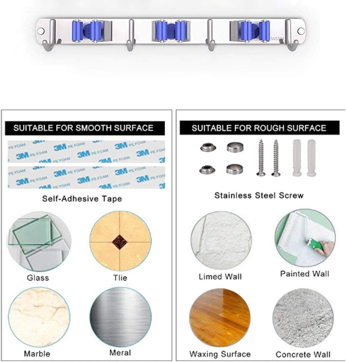 Broom Holder Wall Mount 2 Packs Mop Holder Wall Mount with 3 Utility Racks 4 Hooks,Broom Mop Hanger,Organizer,Holder, Hooks,Storage for Laundry Room Garden Garage Closet Kitchen: Home Improvement