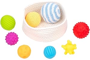Adena Montessori 8 Pack Sensory Balls for Toddlers 1-3,Sensory Baby Toys 6-12 Months,Infant Educational Squeeze Sensory Toy Soft Multi Ball Set Gifts with Bright Color Textured with White Woven Basket