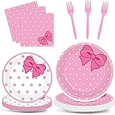 96Pcs Pink Cat Paper Plates and Napkins Cute Cats Bow Theme Birthday Party Supplies Pink Bow Disposable Dinnerware Tableware Set for Girls Happy Birthday Baby Shower Table Party Decoration Serve 24