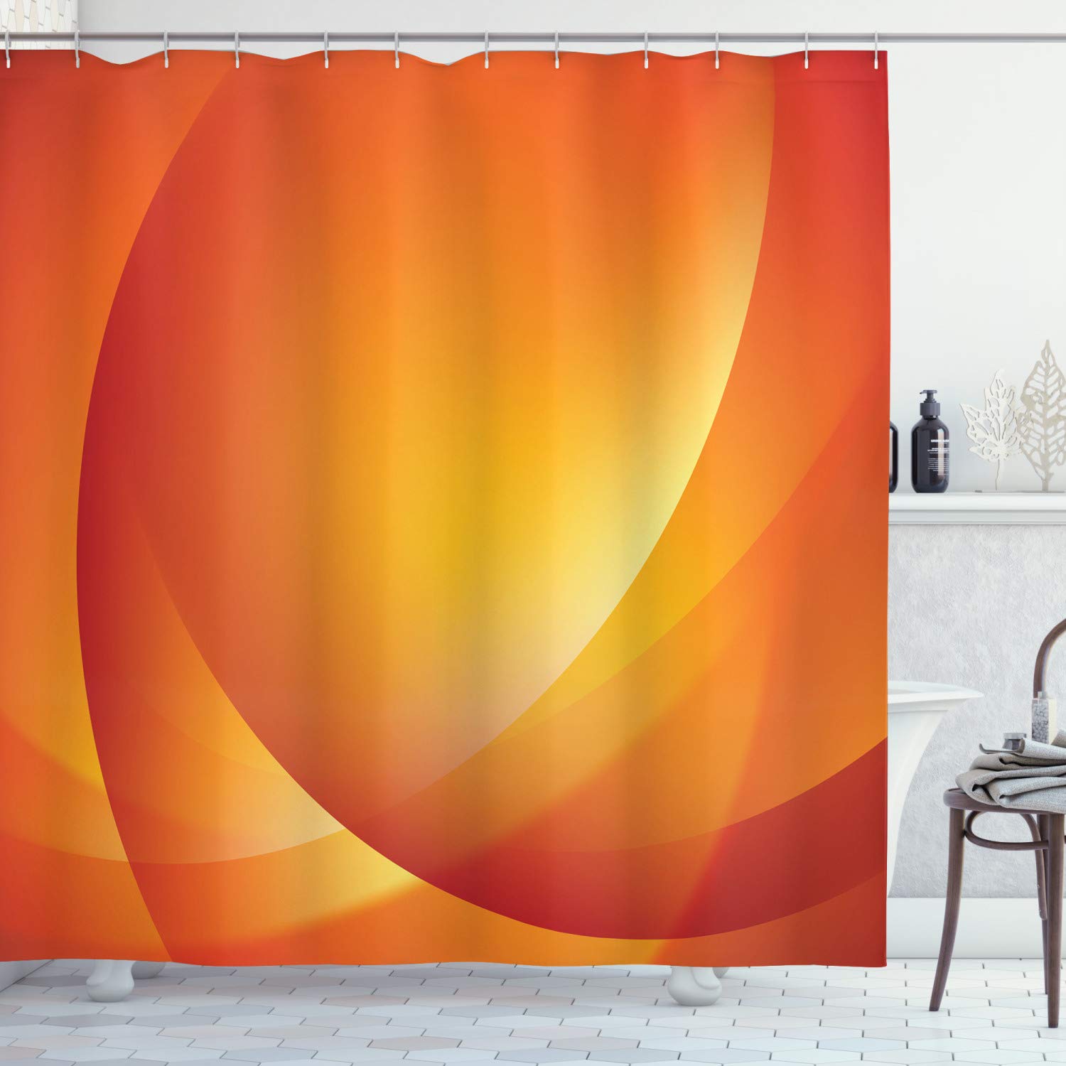 ABAKUHAUS Orange Shower Curtain, Colorful Smooth Twist Lines Sun Abstraction Energy Flow Waves Curves Art, Cloth Fabric Bathroom Decor Set with Hooks, 175 x 200 cm, Orange And Yellow — image 1