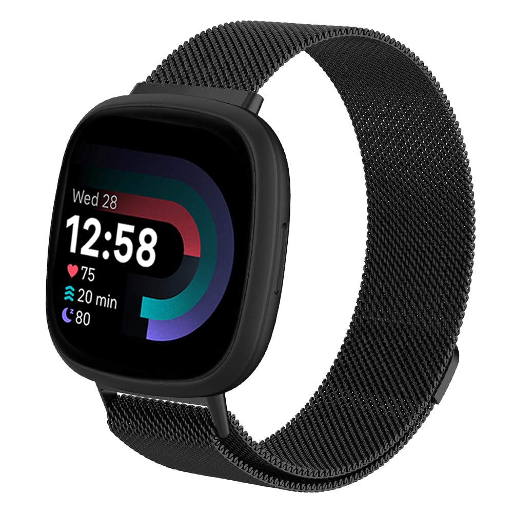 Moydolo Compatible with Fitbit Versa 3 Versa 4 Bands Women Men, Stainless Steel Metal Adjustable Magnetic Lock Loop Replacement Mesh Straps for Fitbit Sense/Sense 2/Versa 3/Versa 4