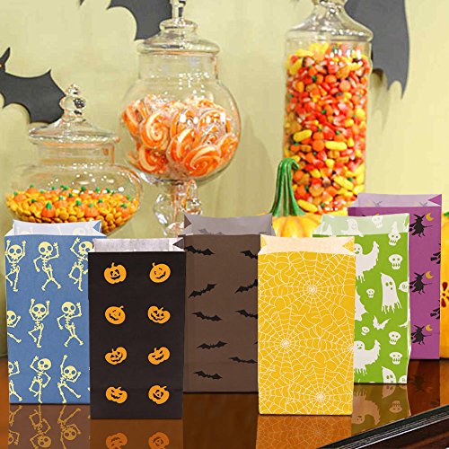 AerWo 48pcs Halloween Treat Bags Paper Gift Bags, Goody Bags with Halloween Stickers for Halloween Party Decorations Supplies