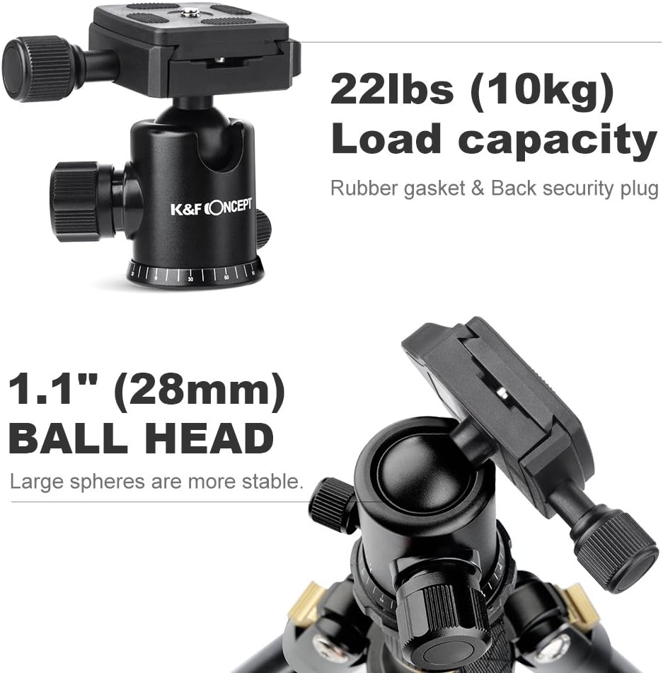 K&F Concept 62'' DSLR Tripod, Lightweight and Compact Aluminum Camera Tripod with 360 Panorama Ball Head Quick Release Plate for Travel and Work (TM2324 Black) : Camera & Photo