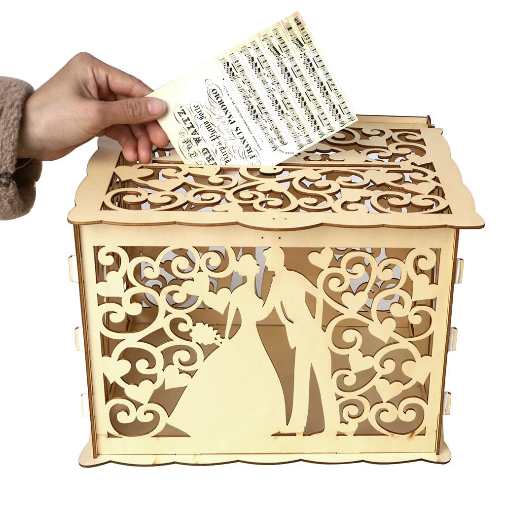 Alnicov Wooden Wedding Envelope Gift Card Box，Hollow Invitation DIY Box，for Wedding Party Decoration