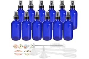 STARSIDE 12 Pack 120 ml 4oz Blue Glass Spray Bottles with Fine Mist Sprayer & Dust Cap for Essential Oils, Perfumes,Cleaning Products.Included 1 Brush,2 Funnels,2 Droppers & 18 Labels.