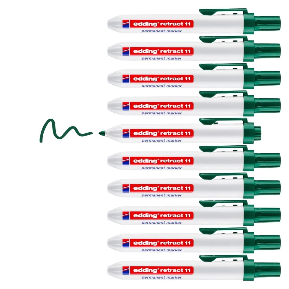 edding retract 11 permanent marker - green - box of 10 - round nib 1.5-3 nm - waterproof, quick-drying - permanent marker for easy single-handed operation - for cardboard, plastic, wood, metal, glass