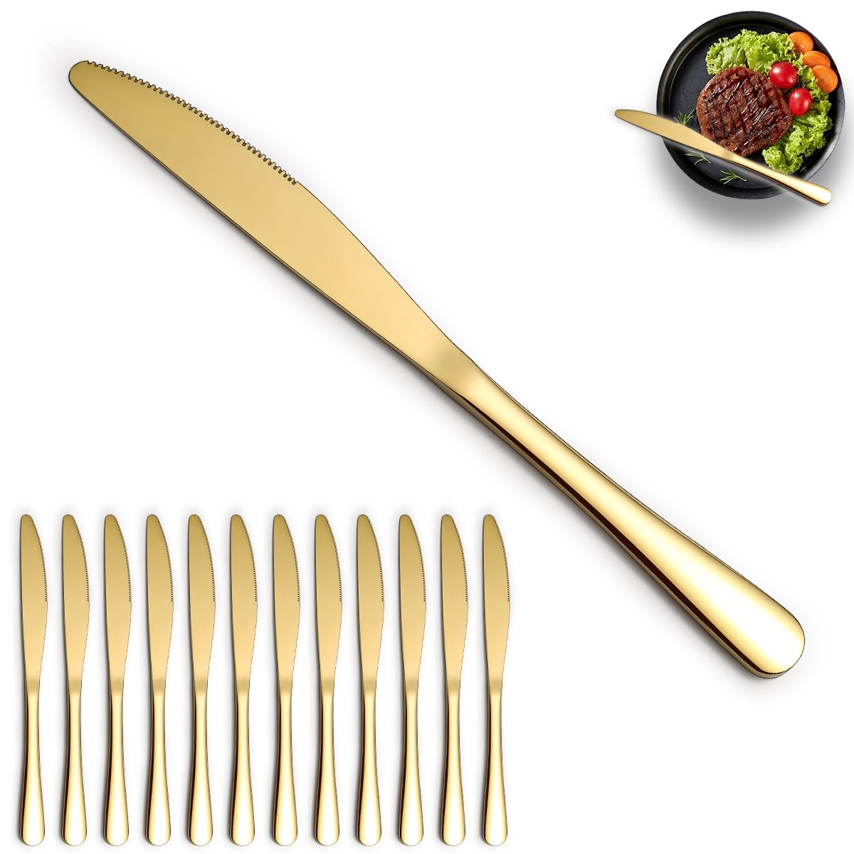Photo 1 of ReaNea Gold Dinner Knives Set of 12 Pieces, Stainless Steel Titanium Gold Plating Butter Knife, Table Knives for Home, Restaurant, Hotel, Wedding, Events