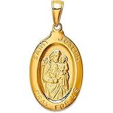 JewelryWeb 14k Yellow Gold Solid Polished back Polished and satin Oval St. Joseph Medal Pendant Necklace 21x14mm Pendant for Women
