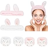 YISSION 6Pcs Face Wash Headbands and Wristbands Set Bunny Ears Headbands Spa Headband Makeup Headband Skincare Headbands with Wristbands for Women Girls Washing Face(White Pink)
