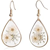 Desnuage Pressed White Forget Me Not Earrings for Women - 14K Gold Plated Teardrop Dangle Earrings with Real Pressed Flowers, Unique Floral Jewelry
