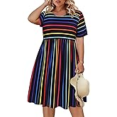 CARCOS Womens Plus Size Dresses Summer Short Sleeve Babydoll Dress Beach Casual Loose Mini Sundresses with Pocket XL-5XL