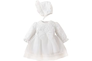 TENTIDE Newborn Baby Girl Christening Dress White Baptism Lace Long Sleeve Fall Wedding Dresses with Bonnet Outfit