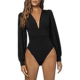 GORGLITTER Women's Sexy Ruched Deep V Neck Long Sleeve Bodysuit Plunging Neckline Leotard Shirts